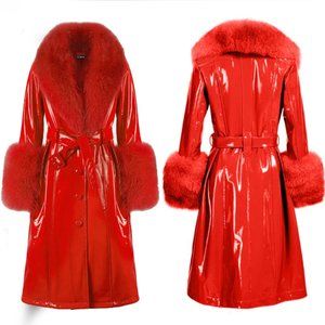 💥SHOWSTOPPER💥Leather Coat with Oversized Fur Collar in Shiny Scarlet Red